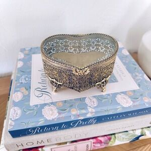 Vintage Brass and Glass Heart Shaped Jewelry Trinket Holder
